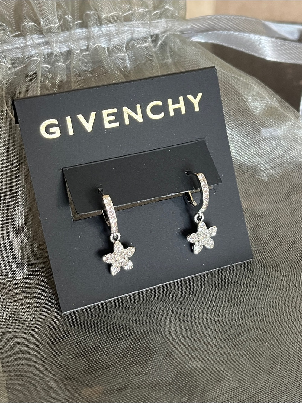 Givenchy Silver Flower Crystal Drop Earrings